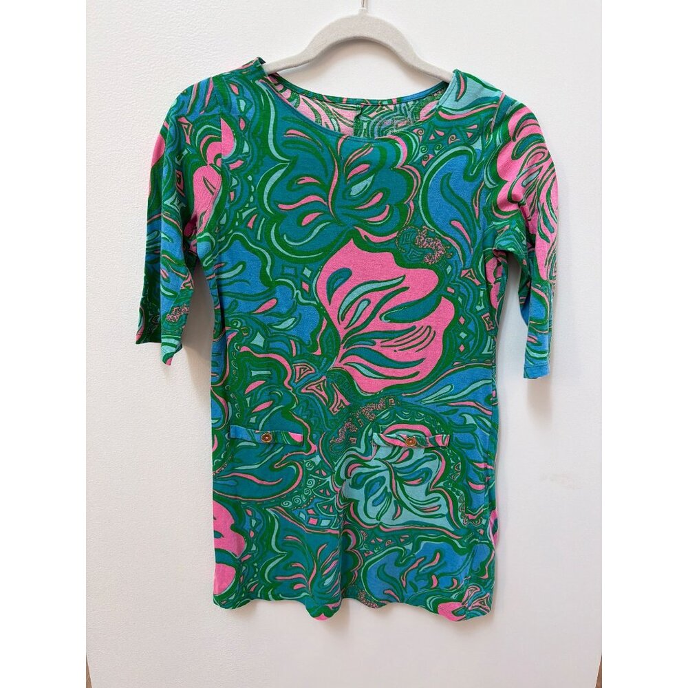 Lilly Pulitzer Girls L 12-14 Green & Pink Floral Tunic Dress 100% Cotton